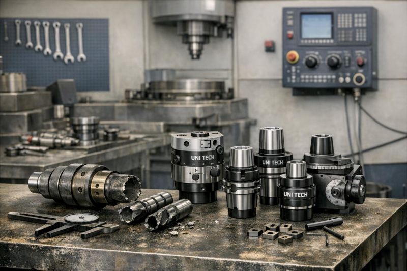Accessoires techniques UNITECH pour machines-outils, présentés avec plans techniques et composants de précision